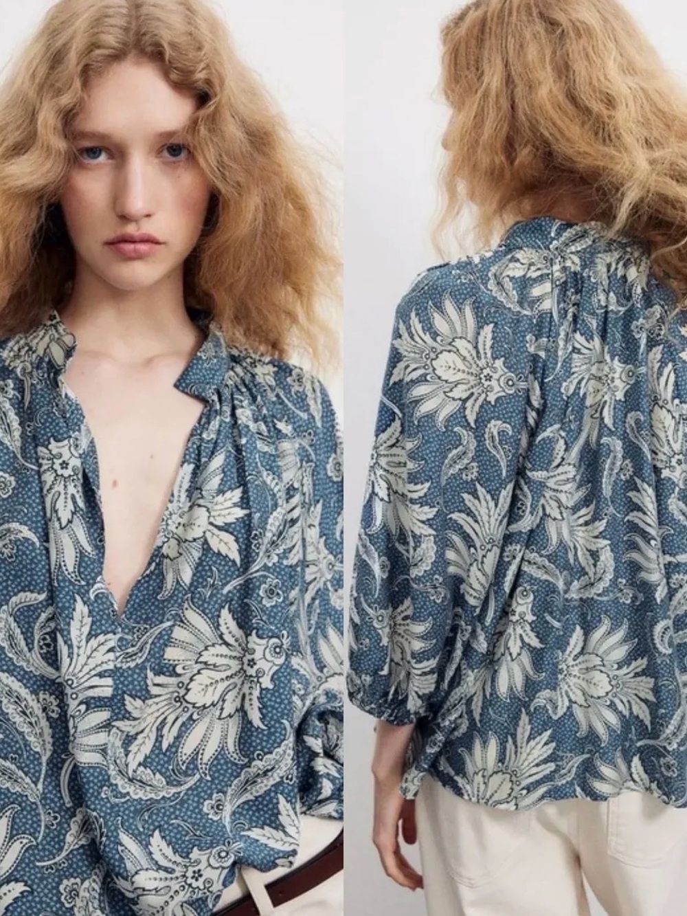 H&M Blue and White Balloon Sleeve Paisley Blouse-Sz-XL - Picture 3 of 8